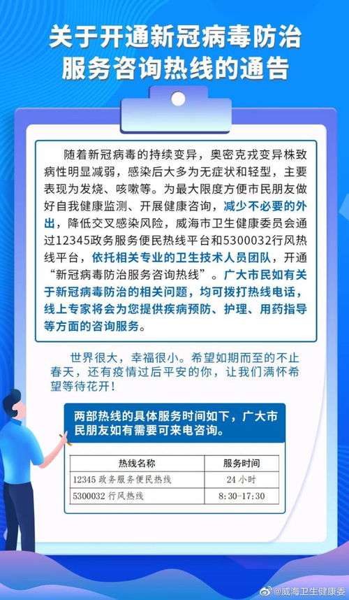 威海開通新冠病毒防治服務咨詢熱線，提供便捷信息咨詢服務
